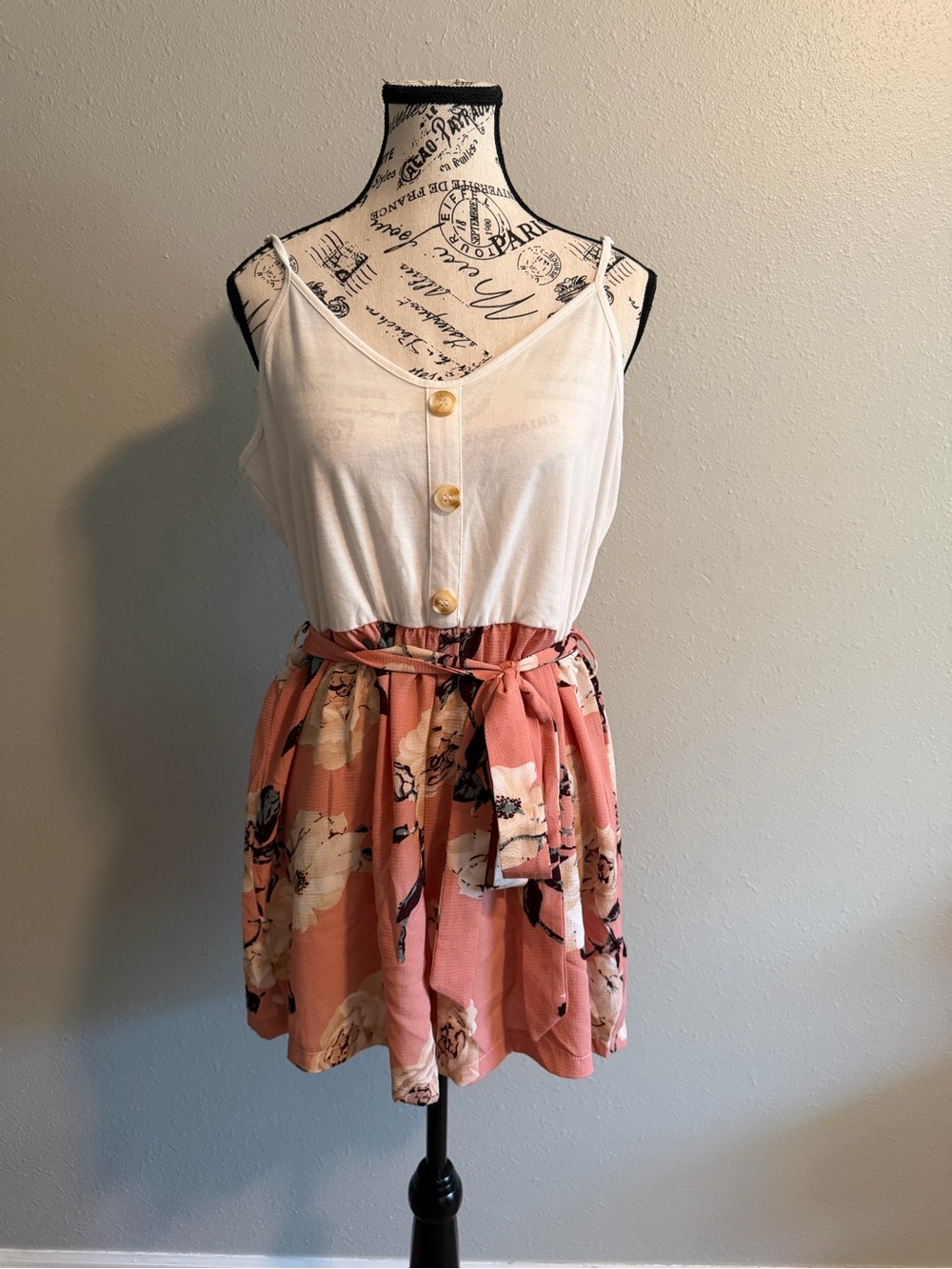 SHEIN Curve Romper 1XL Pink Floral Button Front Sleeveless w/ Belt NWOT